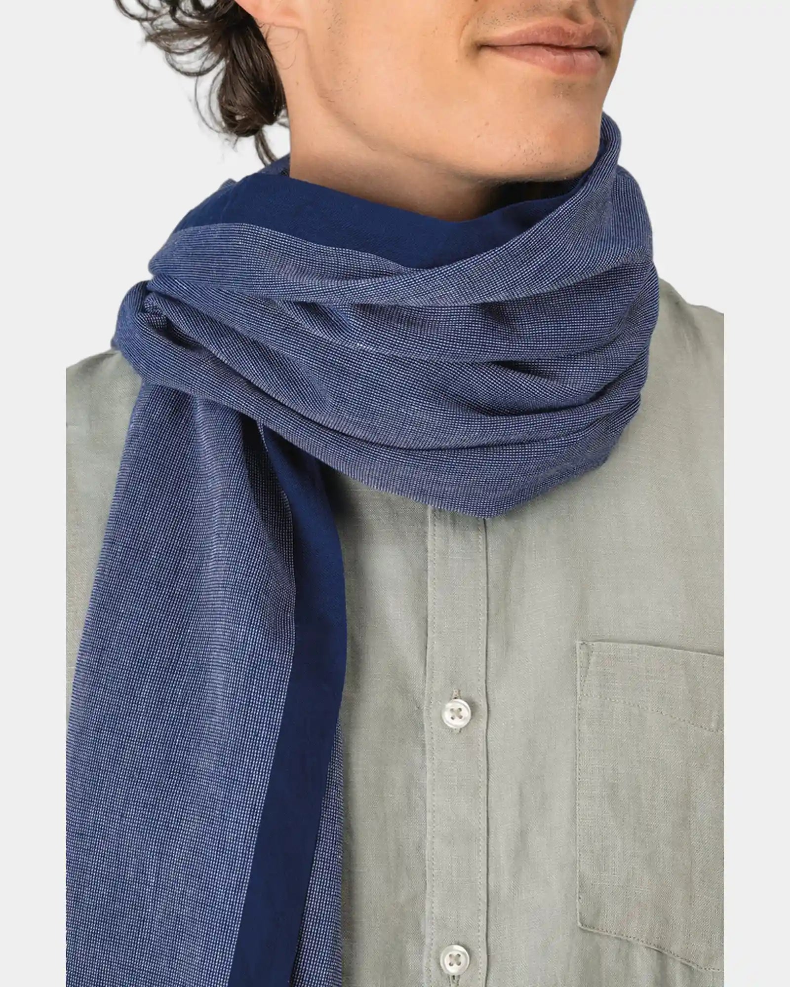 Custom cotton chambray scarf with woven fringes - 1